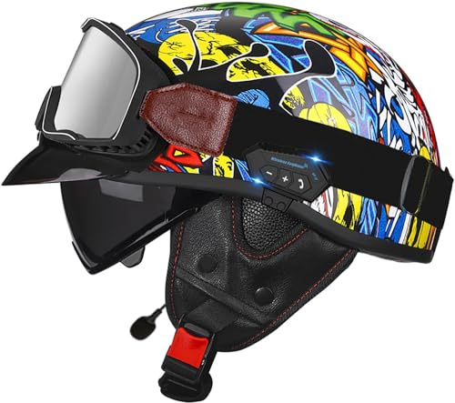 Bluetooth Casco A Scodella Casco Aperto Con Visiera, Vintage Caschi Jet Caschi Cromwell Moto Mezzo Casco Per Uomo E Donna Adulto, DOT/ECE Approvato Retro Demi-Jet Casco Da Moto 5,XXL=63-64CM