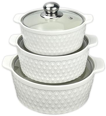 Non-Stick Ceramic Cookware Set With Stainless Steel Handles Soup Pot Casseroles Dinnerware Plates Bowls Kitchen Items Home Use (White) Small:20*16.5*10.5 CM, Medium:22.5*19*11.5 CM, Large:28*23*14 CM