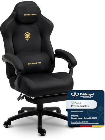 Dowinx Gaming Chair Ergonomic with Adjustable Massage Lumbar Cushion, Soft Microfiber Velvet Office Chair, Thick Padded Seat, Retractable Footrest, Adjustable Armrests, 155° Reclining Backrest, Black