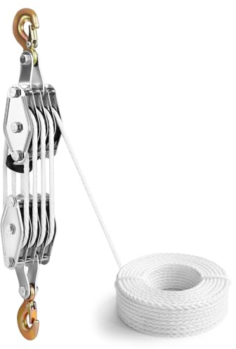 Flaschenzug Schwerlast, Flaschenzug mit Seilbremse Maximale Kapazität 4000LB Max Arbeitssparender Flaschenzug mit Haken&20m Nylon, bis 2,5 m Hubhöhe, Flaschenzug für Industrielle,Garagen, Lagerhallen