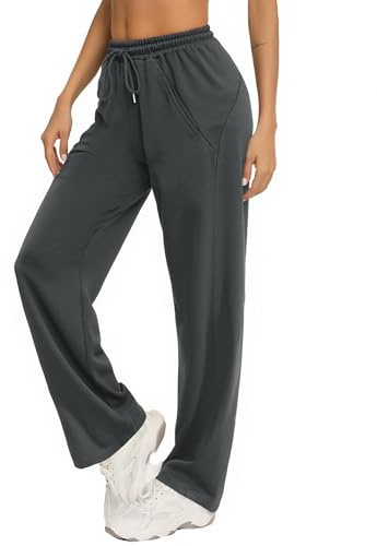Litherday Joggingbyxor, dam, långa, säckig bomull, sweatpants, hög midja, löparbyxor, fritidsbyxor, lösa yogabyxor, med elastisk midja, raka ben, träningsbyxor med fickor, Mörkgrå, M