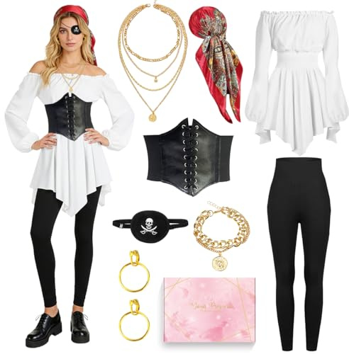 COYBTO Deguisement Pirate Femme Médiévale, Costume Pirate Femme (Blanc, L)