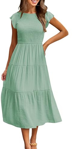 Yuson Girl Women Dresses Summer Beach Swing Ladies Dresses Boho Flowy Long Maxi Dresses Crewneck Ruffle Sleeve Smocked Elastic Waist Tiered Sundress