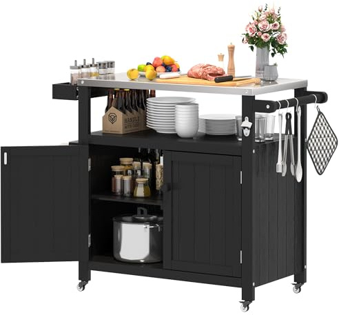 TinFrey Isola da cucina con ruote, carrello cucina in legno con piano di lavoro, mobile da cucina, carrello da portata da esterno, carrello barbecue per esterni per preparazione cibi, grigliate, bar