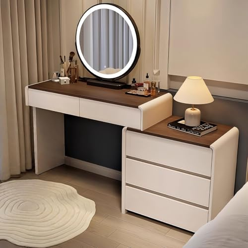 MJKCBD Schminktisch mit Holzmaserung, L-förmiger Frisiertisch mit Spiegel, Moderner Ecke Kosmetiktisch mit 5 Schubladen und Schrank, Einfach zu Montieren für Mädchen Schlafzimmer, 100cm
