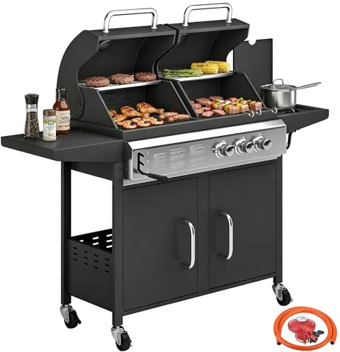 Outsunny 2+1 Burner Hybrid Dual Fuel BBQ Gas Grill, 2-in-1 Portable Propane & Charcoal Barbecue Grill Smoker Combo with Wheels, Warming Rack, Built-in Thermometer, Side Shelves, Cabinet, Lid, Black