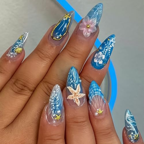 LunarCharm 24 pièces ongles artificiels longs bleus à coller, motif coquillage et étoile de mer, forme stiletto, design French-Tip, motif floral 3D, pour femmes