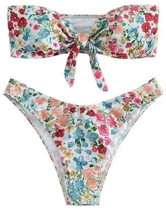 Blommigt Bandeau Bikini Off Shoulder Push Up Baddräkt Dambikini Knut Badkläder Sexiga Sommarstrandkläder(M)