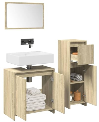 RuiNingRN Sonoma Oak 3-Piece Bathroom Furniture Set with Vanity Unit, Mirror, Tall Cabinet, Storage Space, Door, Compartment for Guest Toilet and Washbasin, Wall Mounting Possible