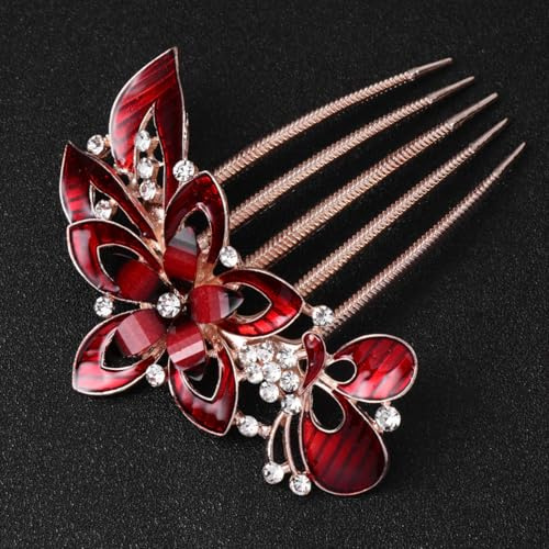 FELTECHELECTR Eleganter Roter Haarkamm Damen mit Strasssteinen und Haarnadeln Brautschmuck Haare Rot für Hochzeit und Abschlussfest Dekorativer Haarschmuck aus Legierung