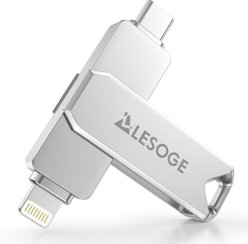 LESOGE MFi - Memoria USB C de 256 GB, mini USB para guardar fotos, 3 en 1, USB C y 3.0, memoria externa para fotos y vídeos, fotos para iPhone/iPad/Android/PC/Mac (plata)