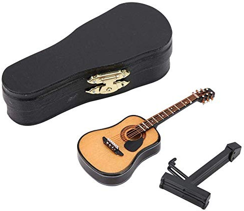 Miniatur Holz Gitarre - Puppenhaus Zubehör, Musikinstrument als Deko, Handwerkskunst für Wohnkultur, Ornamente, Puppenhaus Accessoires | Handgefertigte Miniaturgitarre für Puppenhaus und Schreibtisch Mit Ständer und Box