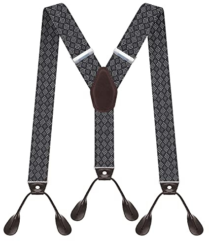 AYOSUSH Y Back Leather Suspenders for Men Button End Grey Argyle Business Braces
