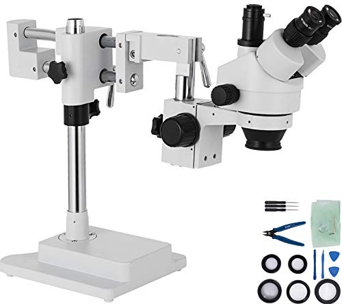 VEVOR Microscope Stéréo Trinoculaire 3,5X-90X, Zoom 0,7X-4,5X, Double Bras, Tête Rotative 360° Inclinée 45°, Oculaires WF10X, Support Acier Al-Zn, Lentilles Optiques, pour Laboratoire et Vidéo