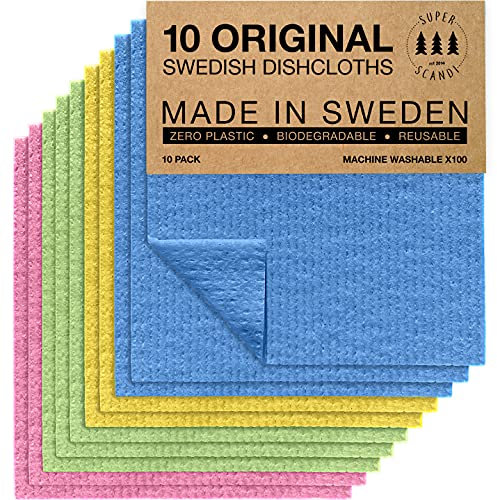 SUPERSCANDI Schweden-Geschirrtücher 10 Stück 100% Biologisch Abbaubar & Kompostierbar Wiederverwendbare & Lebensmittelsichere Spültücher Ohne Plastik Für Jede Oberfläche Geeignete Spüllappen | Bunt