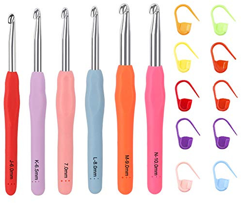 Coopay Groß Häkelnadel Set mit Maschenmarkierer, 6 Stück Große Größe Aluminium Häkelnadeln mit Komfort Weicher Griff, 6,0 mm, 6,5 mm, 7,0 mm, 8,0 mm, 9,0 mm, 10 mm Häkelnadel Set für Dicke Wolle