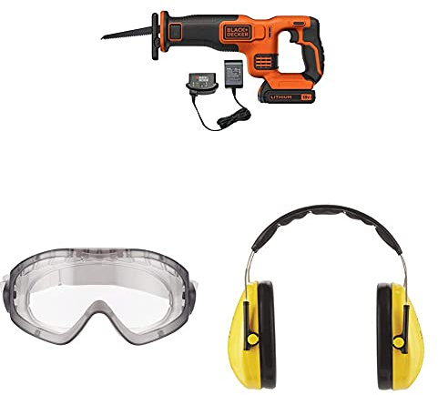 Black+Decker 18V Akku-Säbelsäge BDCR18, mit Akku + Ladegerät, inkl. 3M™ Schutzbrille für Werkzeugmaschinen 2890S, transparent und 3M™ Peltor™ Optime™ Komfort-Kapselgehörschutz H510A (87 bis 98 dB)