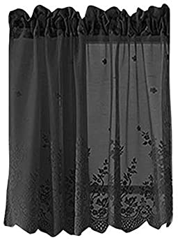 Betos Küchen-Vorhänge, Voile Kurzstore Vintage Kaffee Bistrogardine Vorhang Spitze Scheibengardine Kurzgardine Landhausstil halbtransparente Gardine, Schwarz 74 * 90cm