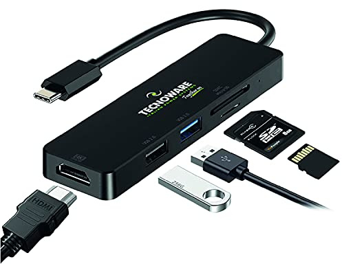 Tecnoware Power Systems - USB Type-C 5 in 1 Adapter 4K HDMI USB 3.0/2.0 SDXC & Micro SD Slots Compatible with MacBook, Tablets, Smartphones, Black, Adapter 5 in 1