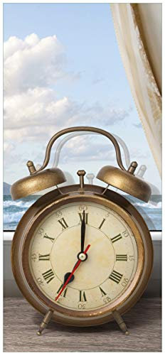Wallario Selbstklebende Türtapete mit Schutzlaminat Guten Morgen SAGT das Meer - Wecker und Vorhang am Fenster - Türposter 100 x 220 cm Abwischbar, rückstandsfrei zu entfernen