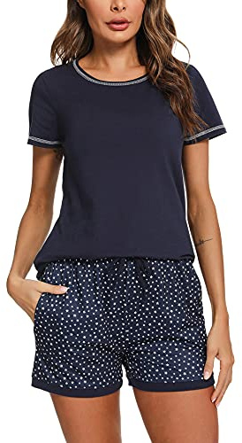 Litherday Women's Pyjamas Set Short Sleeve Pjs Cotton Printed Loungewear Soft Nightwear Sleepwear Lightweight with Pockets(Navy,M