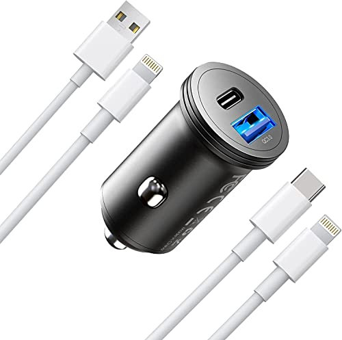Everdigi Everdigi iPhone-Autoladegerät, 38 W/3 A USB-C-Autoladegerät, Schnellladung, Dual-Port-QC3.0-Mini-Zigarettenanzünder-Adapter und 2 Stück 1 m Lightning-Kabel, kompatibel mit iPhone 13/12/11/XR/