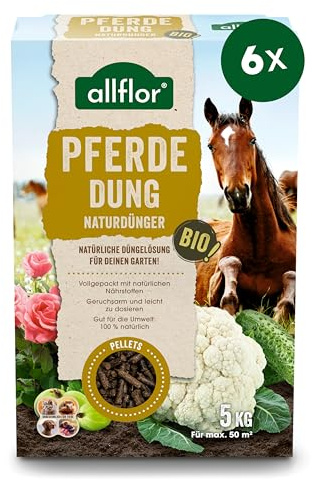 Allflor Pferdedung gekörnt 6 x 5 Kg in Faltschachtel - Pferdemist als Dünger - rein biologisch-organischer Universaldünger - Pferdedünger - Für alle Garten-, Obst- & Gemüsepflanzen
