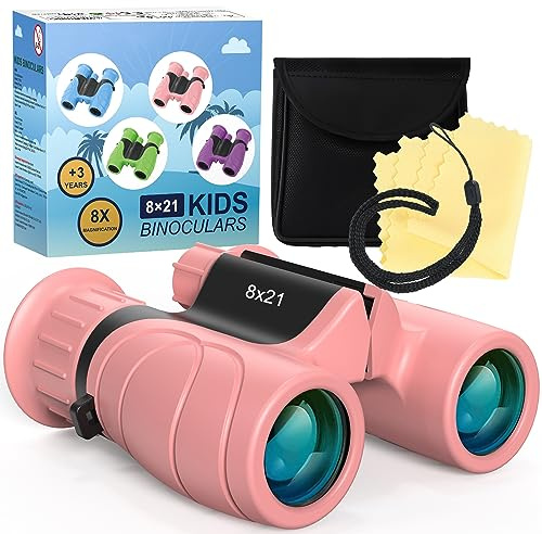 Kizplays® Binocolo per bambini, ingrandimento forte 8 x 21, custodia HD, per osservazione degli uccelli, escursionismo, visite turistiche, giocattolo per bambini e bambine di 4, 5, 6, 7, 8 anni