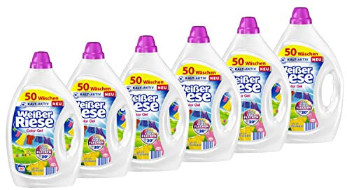 Weißer Riese Color Gel 300 WL (6 x 50 Waschladungen), Color Waschmittel sorgt für strahlend saubere Wäsche & wirkt riesig stark gegen Flecken, Kalt-Aktiv schon ab 20° C, 100% recycelbar*