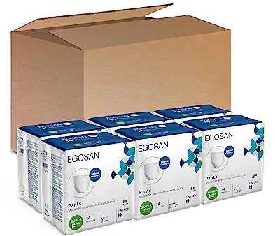 Egosan Pants Super Pacco Scorta con 6 Confezioni da 14 pezzi, Mutande Assorbenti Notte Elasticizzate per Incontinenza Grave, Protezione Totale, Alta Vestibilità, Sistema Anti-Odore, Unisex, Taglia L