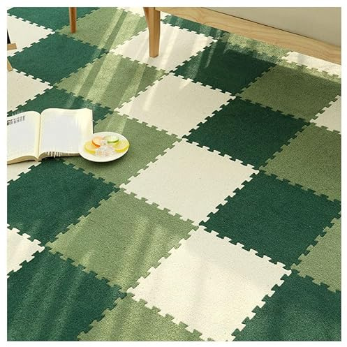 12x12in Square Interlocking Fluffy Flooring Tiles Mat,12PCS Anti-Slip Washable Fuzzy Soft Puzzle Foam Carpet Tiles,Split Joint Climbing Rug Mats(Color:Beige + Light Green + Dark Green)