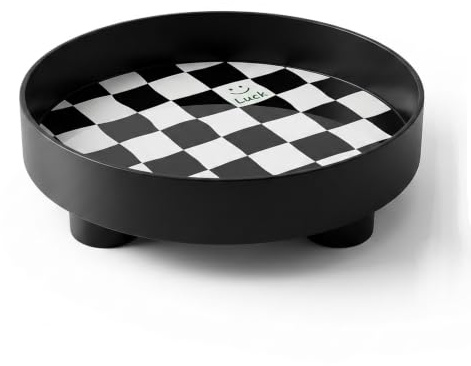 Round Storage Organizer Tray for Table Storage, Checkerboard Design | Black Home Decor Tray for Coffee Table, Perfume Vanity Tray, Bathroom Organizer Plate, Container Tray for Fruit Perfume