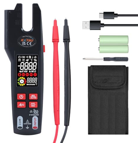 KATSU Digitale Multimeter Strommesszange 9999 Counts Auto Ranging Strommessgerät DC/AC Spannung Strom, Kapazität Widerstand Frequenz Temperatur Kontinuität Diodentester