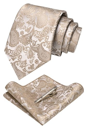 JEMYGINS Set Cravate Homme Motif Paisley avec Pochette et Pince a Cravate pour Mariage Business et Ceremonie Graue Sandfarbe
