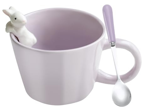 BigNoseDeer Tassen mit 3D-Kaninchen im Inneren, Keramik-Hasen-Kaffeetasse mit Löffel, niedliche Geschenke, Ostergeschenke, 350 ml, Violett