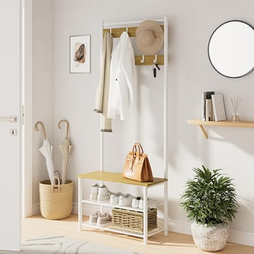 HEYZOEY Garderobenständer, Holz Garderobe mit Sitzfläche, Flurgarderobe, Kleiderständer mit Schuhbank und Schuhregal, 3-Tier Regal und 4 abnehmbare Haken, weiß