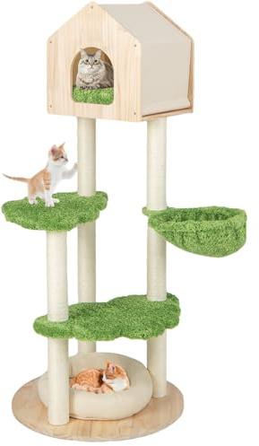 GOPLUS - Árbol para Gatos de 139 cm a 5 Niveles Con Condominio de Madera de Pino, Cama, Percha, Plataforma, Hamaca, Rascador de Sisal, Torre de Actividad para Descansar y Jugar
