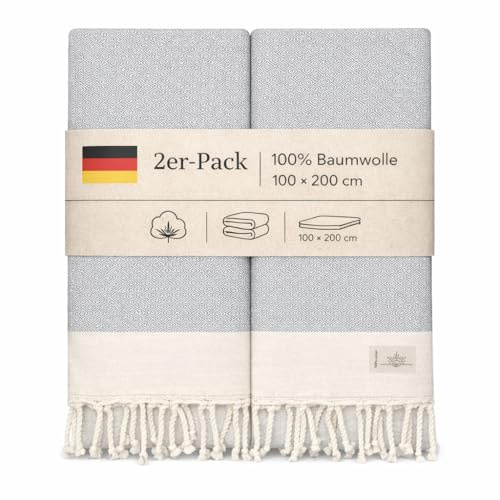 NOUR Hamamtuch Strandtuch | 2er Pack | groß 100x200 cm | aus 100% Baumwolle | Picknickdecke | Saunatuch | Extra leicht | saugstark | schnelltrocknend | Sandfrei (Hell Grau)