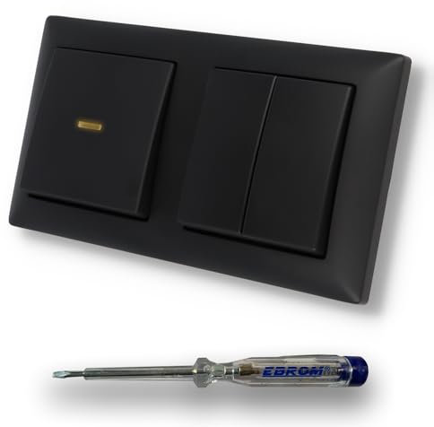 EBROM SET IDEE: BUSCH JÄGER Wechselschalter - beleuchtet als KONTROLL-LICHT wenn AN oder AUS - 2000/6 USK + Serienschalter 2000/5 US in BBblack Schwarz MATT ähnlich RAL 9005 - inkl. EBROM Phasenprüfer