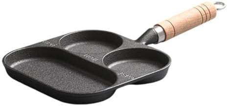 Poêle à œufs au Plat, Poêle à 3 Emplacements, Poêle à Frire Antiadhésive, Poêle à Griller Divisée, Poêle à Crêpes et Omelettes, Poêle en Fonte avec Poignée en Bois Poêle à Gaz Ustensiles de Cuisine