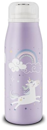 alfi KIDS ISO BOTTLE 350ml, Lila Einhorn Regenborgen, Isoliertrinkflasche Kinder Edelstahl, absolut dichter Drehverschluss, hält 12 Std. heiß, 24 Std. kalt, Trinkflasche für Kohlensäure, BPA-frei
