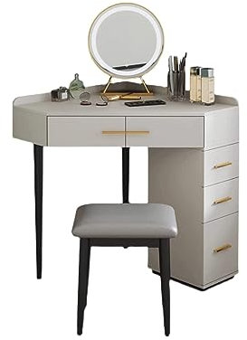 Weißer Eck-Schminktisch Set mit Schminkhocker Beistellschrank und dreieckigem Design, stabiler und multifunktionaler Schminktisch für Frauen