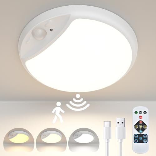 LED Akku Deckenleuchte mit Bewegungsmelder, Schranklicht mit fernbedienung ohne Stromanschluss, 10000mAh Batteriebetrieben Badezimmer Lampe für Keller, Garage, Schrank, Mietwohnungs, Schlafzimmer
