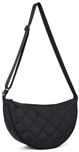 Halbmond Crossbody Bag Damen Umhängetasche Mittelgroß Nylon Gesteppte Tasche Damen Puffer Bag Hobo Shopper Tasche Schultertasche mit Verstellbarem Schultergurt für Uni Arbeit Reisen Alltag (Schwarz)