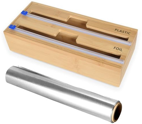 2 in 1 Wrap Dispenser with Cutter,Plastic Wrap,Aluminum Foil and Wax Paper Dispenser for Kitchen Drawer,Film Dispenser and Cutter,Kitchen Wrap Organiser Made of Bamboo Material