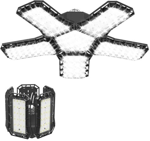 SUBTLETY 4 Stück 72W LED Garagenleuchten 6500K Kaltweiß Faltbare Deckenleuchte mit 90° Verstellbarem Panel E26/E27 Werkstattlampe IP44 Hallenstrahler Garagenbeleuchtung für Keller Lagerraum