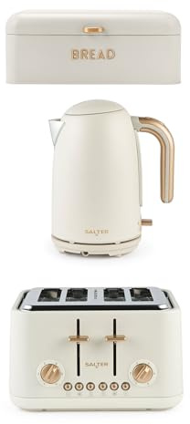 Salter Pebble Kettle, Toaster & Bread Bin Set - 1.7L Fast Boil Electric Water Kettle, 4-Slice Toaster with 6 Browning Levels, Powder Coated Carbon Steel Bread Bin, Easy to Clean, Stone | Powder-Coated Steel Bin, 6 Browning Levels, Defrost/Reheat/Cancel, Wide Slots For Bagels And Crumpets, 3kW Fast Boil