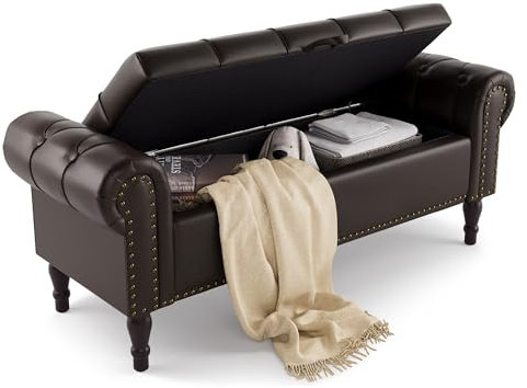Banc de Rangement 130cm,Banc Bout de Lit avec Coffre de Rangement,Bout de Lit avec Pieds en Bois Stables et Simili Cuir Coussin pour Chambre à Coucher,Couloir,Entrée,130 x 43 x 50 cm,Marron Foncé
