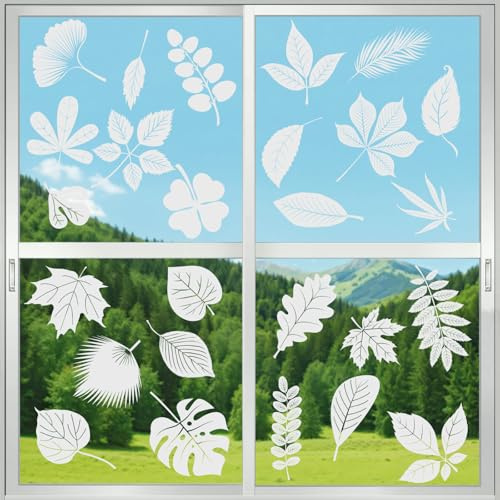 KIKISML Anti-Collision Window Clings Stickers, 4 Sheets White Leaf Shape Window Decals to Prevent Bird Strikes for School Home Office