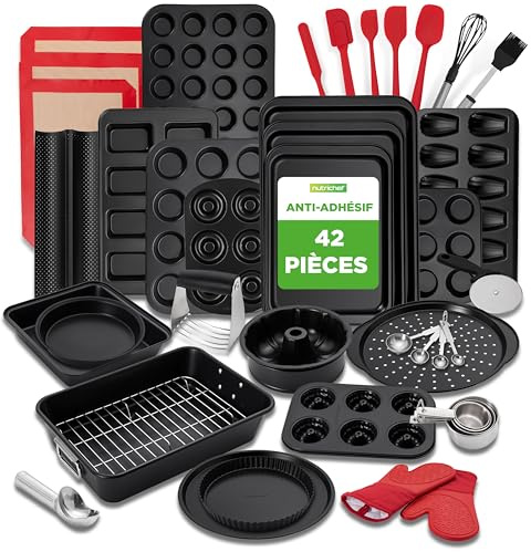 NutriChef Nonstick Bakeware Set 42 Piece Carbon Steel Baking Pans, Oven Baking Set Trays Tins Tools Oven Mitts for Home Bakers